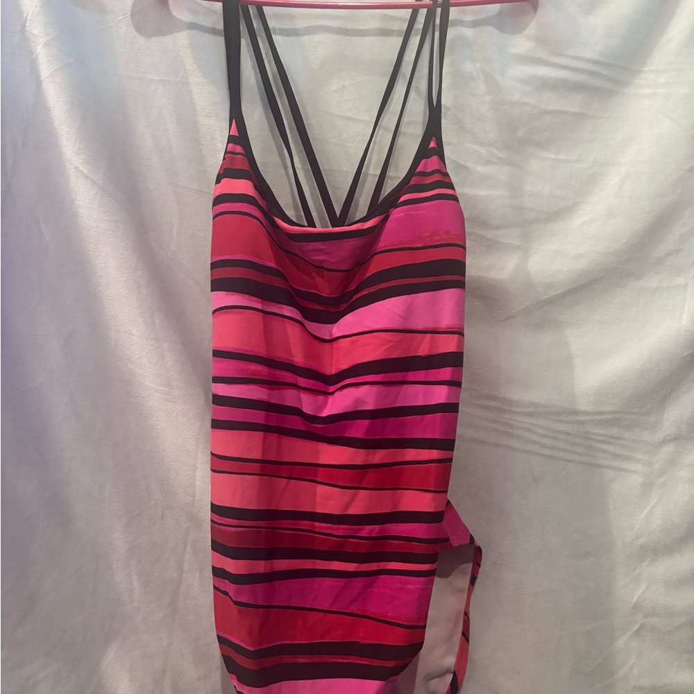 Pink and Black Striped Swimsuit